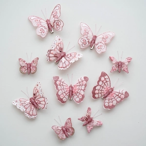 Set di 10 farfalle in tessuto rosa con glitter e perle per decorazioni natalizie