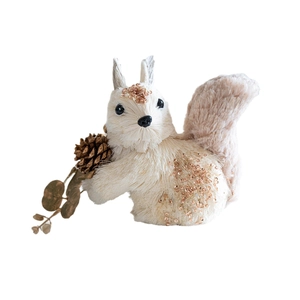 White and gold squirrel Christmas ornament with natural pinecone and plush tail