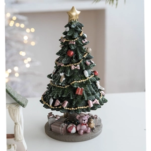 Christmas resin tree table ornament with teddy bear and gift box festive decoration