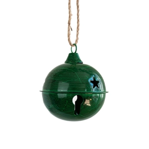 Glossy green metal Christmas tree bell with star cutouts and rustic hemp rope hanging