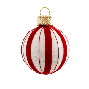 Red and white striped Christmas ball ornament with glitter and velvet texture