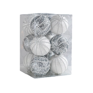 Set di 9 palline di Natale color champagne con glitter argento e decorazioni di perle