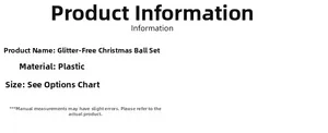 Detailed product information list for non-glitter plastic Christmas ball ornament set