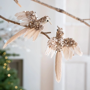 Ornamenti a colibrì con paillettes oro champagne e piume per decorazioni natalizie