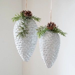 Silver glitter pinecone ornaments with pine needles for Christmas tree decoration