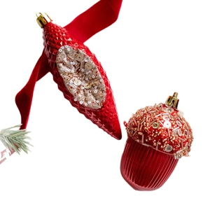 Sparkling red Christmas tree ornaments in spindle and acorn shapes with sequins