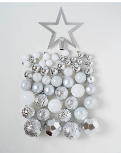 Detailed set of silver and white Christmas tree ornaments with star topper and textured balls
