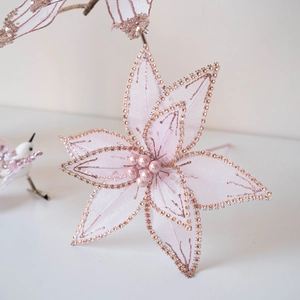 Elegant pink mesh Christmas flower decoration with rose gold glitter and pearls