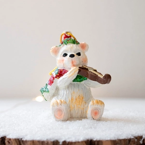 Cute resin polar bear playing violin figurine with red scarf for Christmas decor