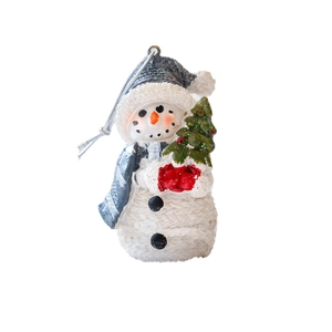 White snowman Christmas ornament with knitted texture, blue hat and miniature pine tree