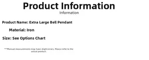Detailed information for large iron Christmas bell pendant with material and size specs