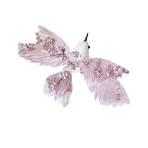 Pink and white fabric bird decoration with shimmering sequins and pearls for Christmas trees