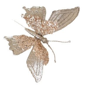 Sparkling champagne gold butterfly Christmas tree ornament with sequins and glitter
