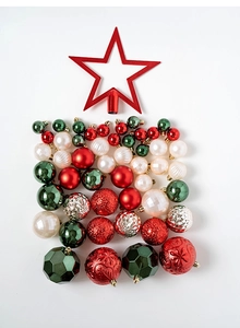 Detailed set of 50 red and green Christmas ball ornaments with tree topper star