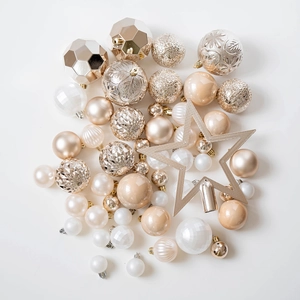 Champagne gold and white Christmas tree ornaments set with star topper in assorted textures