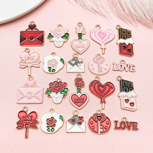 Valentine's Day Enamel Alloy Pendants Set Heart Rose Envelope LOVE Letter Charms For DIY Jewelry Making Necklace Accessory