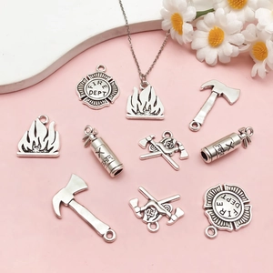 Silver firefighter charm set with fire extinguisher and axe for DIY jewelry making