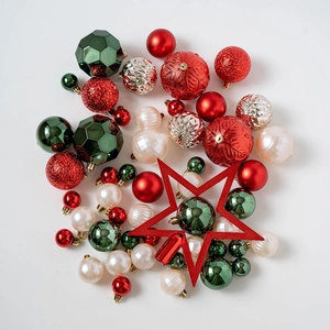 50-piece Christmas tree ornament set with assorted red and green balls and star topper