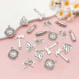 Retro silver fire department charms set with extinguisher and axe for DIY jewelry making