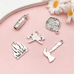 5-piece vintage silver firefighter charms set featuring fire extinguisher and axe designs