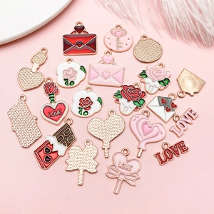 Romantic alloy DIY charm set featuring pink heart, love letter, and rose shapes on pink background