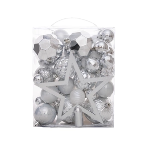 Silver Christmas ball ornament set with star topper in a transparent carry case