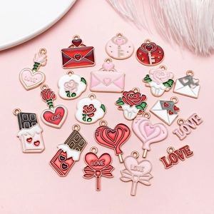 Pink and red Valentine's Day alloy charms with love letters and hearts for DIY jewelry