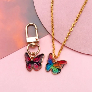 Colorful enamel butterfly charm necklace and keychain set in gold alloy finish