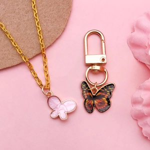 Colorful enamel butterfly pendant necklace and keychain with gold alloy finish