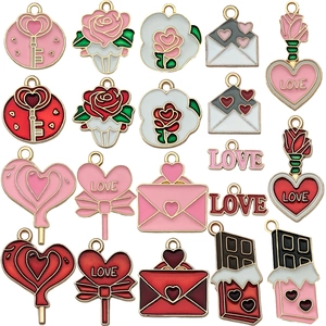 Pink Valentine's Day alloy charms set featuring love letters, roses and hearts for DIY jewelry