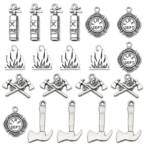Retro silver fire extinguisher and fire department charms set for DIY jewelry