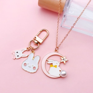 Kawaii Easter bunny enamel pendant set with moon rabbit necklace and keychain