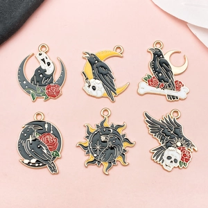 Gothic Punk Alloy Enamel Crow Skull Moon Sun Rose Pendants For DIY Jewelry Making Halloween Earring Necklace Accessories