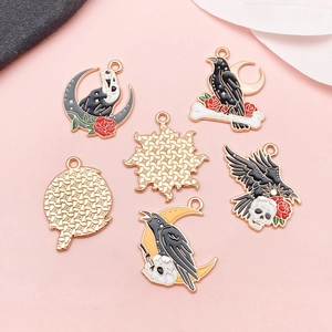 Gothic punk alloy charms set with raven, moon, and skull designs for DIY jewelry making