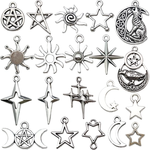 Set of 20 vintage silver alloy pendants with sun, moon, and star celestial motifs