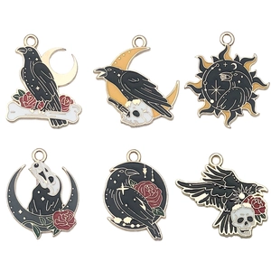 Gothic style alloy enamel charms set with moon crow skull and rose for DIY jewelry