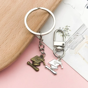DIY Graduation cap and diploma scroll keychain pendants in silver and bronze metal finish