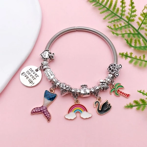Tibetan silver DIY charm bracelet with colorful enamel fish tail and heart pendants