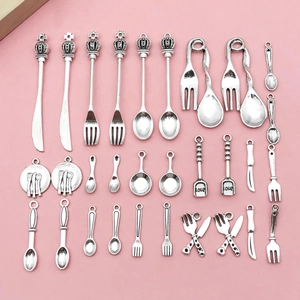 Vintage Silver Zinc Alloy Mini Tableware Pendants DIY Jewelry Making Supplies Small Knife Fork Spoon Charms For Keychains
