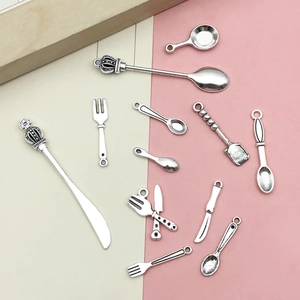 Miniature silver alloy flatware set with vintage crown handle charms for DIY crafts