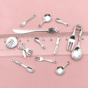 Vintage silver alloy cutlery charms featuring mini fork, spoon, and pan for DIY jewelry