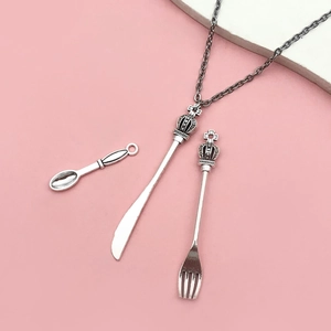 Vintage silver crown relief tableware jewelry set with fork knife and spoon charms