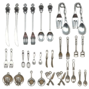 Antique silver cutlery charms set including crown spoon and fork for DIY jewelry making