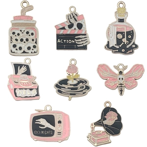 Pink gothic enamel skull charms set in alloy for DIY jewelry and keychain accessories