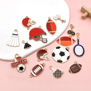 Detailed close-up of colorful enamel sports pendants for DIY jewelry and keychain making