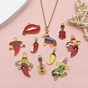 Mexican style cactus chili charms and necklace set with colorful enamel finish
