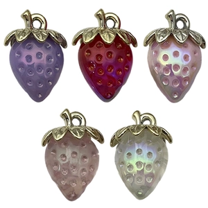 Colorful 3D acrylic strawberry pendants in five vibrant shades with gold leaf hangers