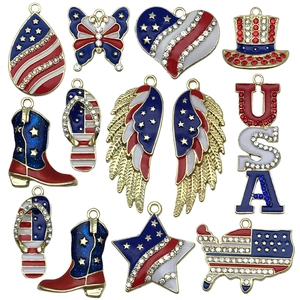 Set of 12 US Independence Day zinc alloy charms with flag colors and rhinestones