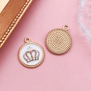 Détails de breloques couronne rondes avec émail blanc et strass pour bijoux DIY