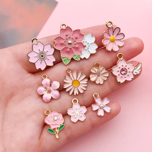 Pink sakura and daisy flower enamel charms set for DIY jewelry and keychains